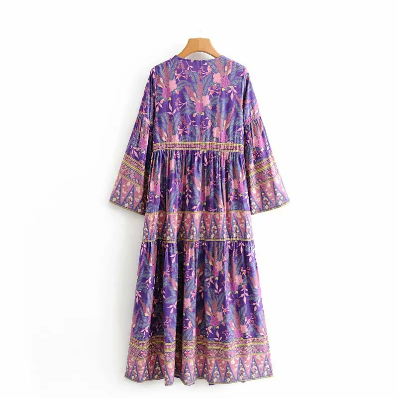 Boho Queens Women Purple Floral Print V-neck Rayon Beach Bohemian Happie Dress Ladies Tassel Lace-up Summer  Maxi Dresses