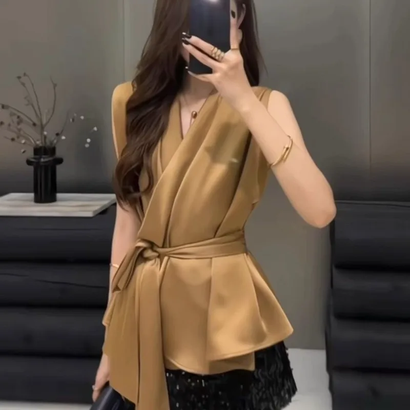 New Summer Slim Sleeveless Shirt Women Fashion V-neck Cross Lace Up Solid Color Thin Temperament Elegant Office Lady Top