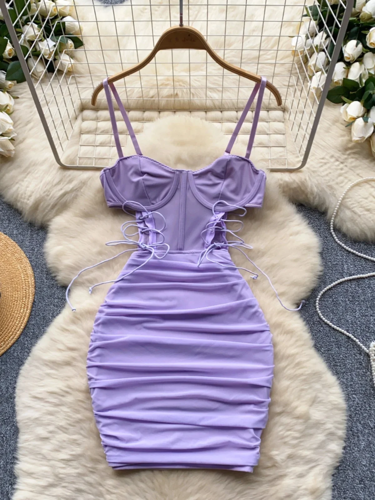 Ofallsis Pink Ins Sexy Hollow Out Strap Strapless Dress 2024 Summer New Sexy Waist Slim Suspender Women's Pleated Short Dresses