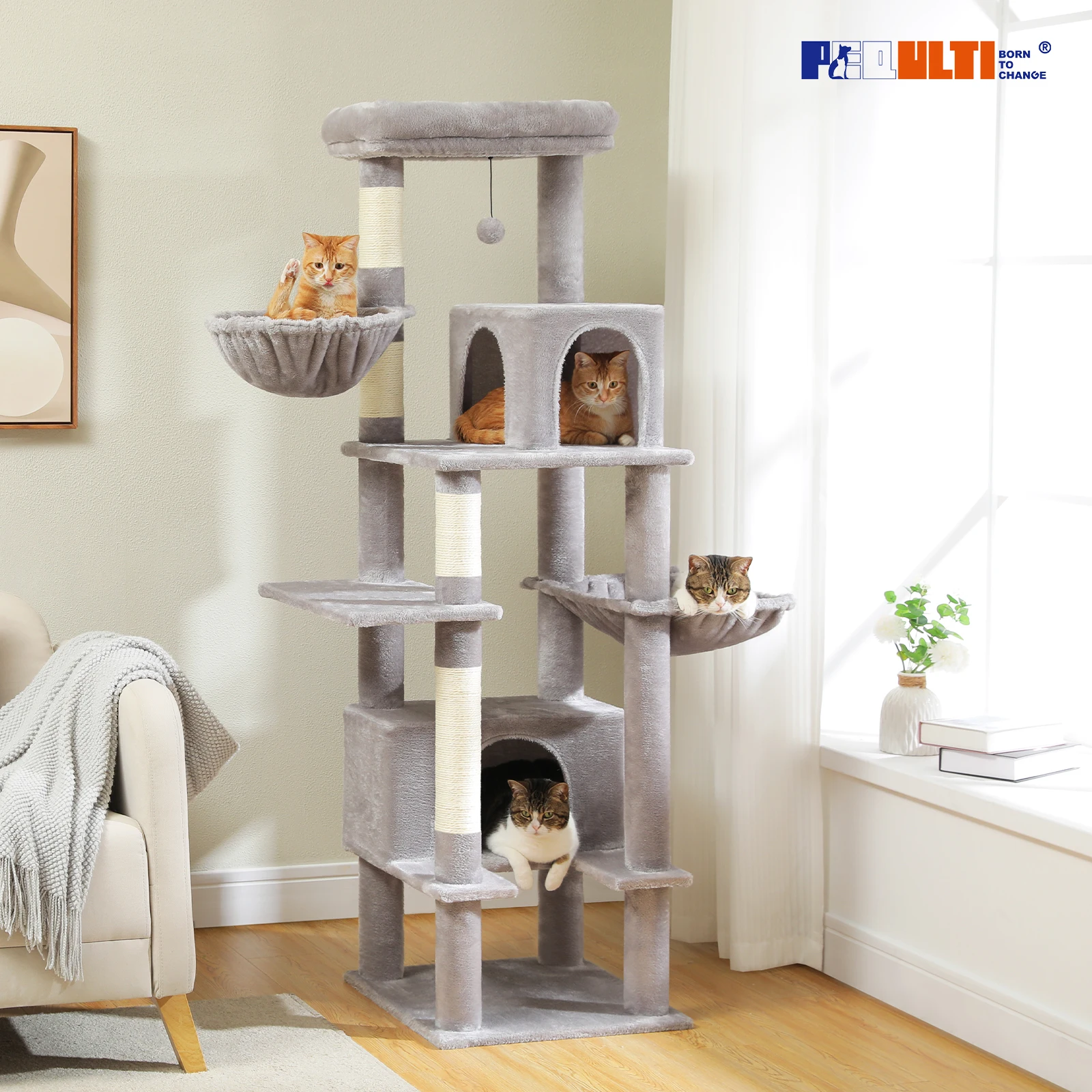 Cat Tree with Super Large Metal Hammock, 2 Big Comfortable Condos and Sisal-Covered Scratching Post for Indoor Cats Large Adult