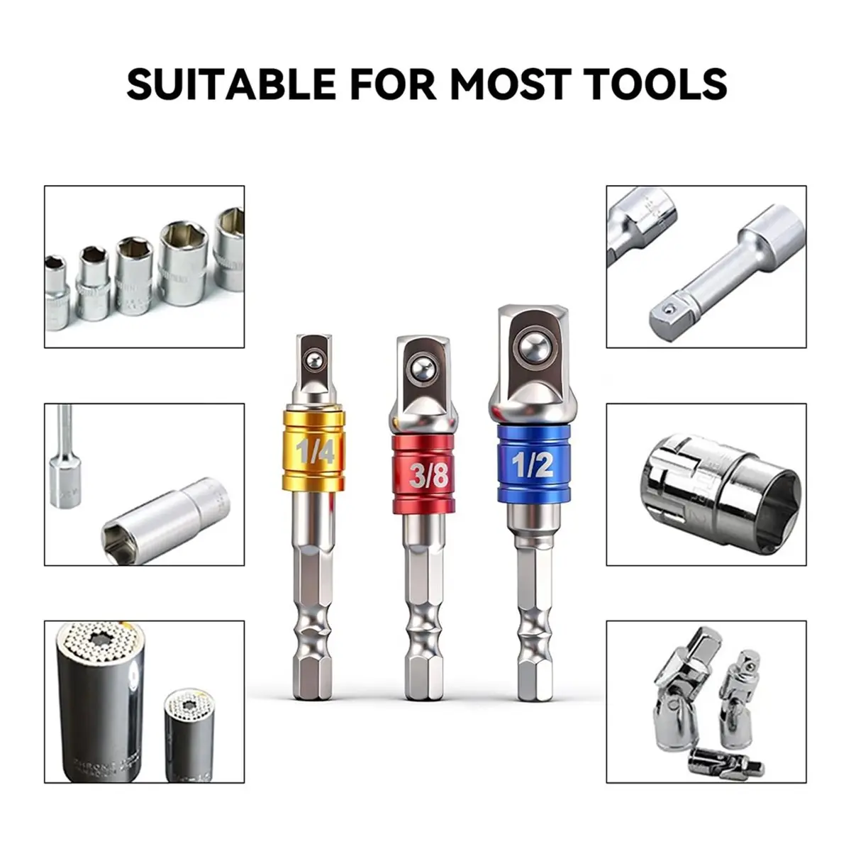 HAPPY EVER 3PCS Impact Grade Socket Adapter Set for Power Drill & Impact Driver, Hex to Square (1/4