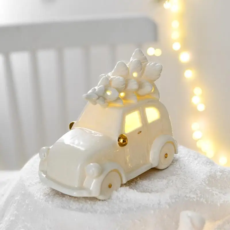 Miniature Ceramic Christmas Tree Snowman Car Sculpture With Cutout and LED Lighted for Home Office Desktop Shelf Decors