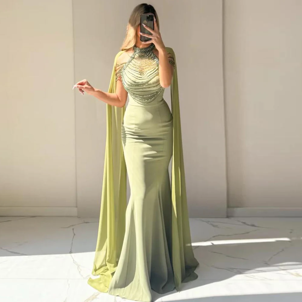 

Customized Beading Mermaid Wedding Guest Dress with Cape O Neck Sleeveless Formal Evening Gown Green Satin vestidos de gala