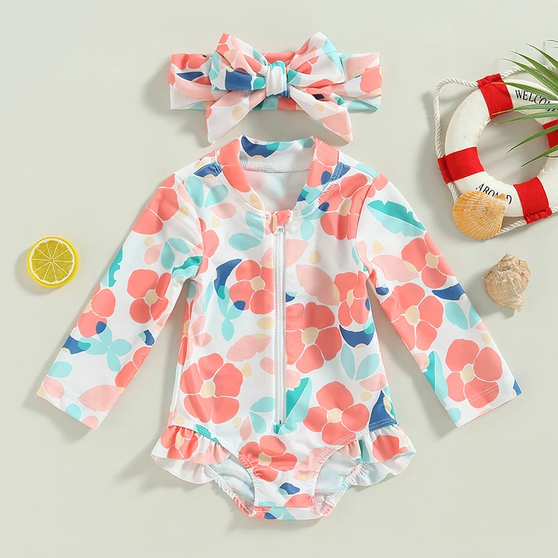 2023 Summer Toddler Kid Baby Girls Swimsuits Swimwear Floral Print Zipper Long Sleeve Bodysuits Headband Bathing Suits Beachwear