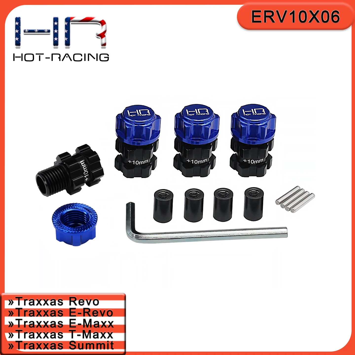 Hot Racing Black Alum +10mm 17mm Hex Hub Adapters (4pcs) w/ Blue Nuts & Steel Axle Nuts for 1/10 TRA E-Maxx/E-Revo/Revo/Summit/T