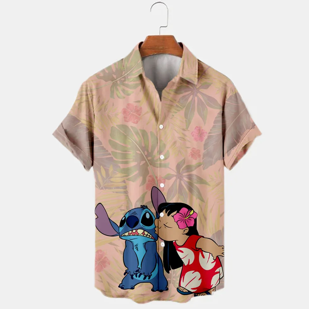 New Summer Disney Brand Stitch And Winnie The Pooh Cartoon Casual 3D Printed Short Sleeve Lapel Shirt Slim Fit Men's Top