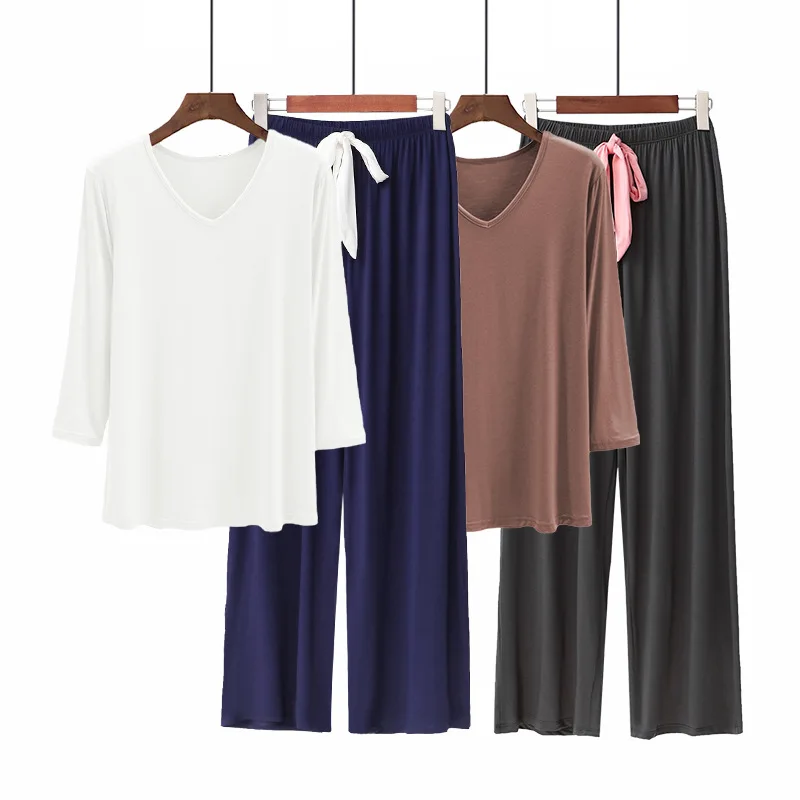 

Lady's Loungewear V Neck Modal Short Sleeve Style Pajama Sets Solid Color Homewear 2pcs Suits Korean Summer Spring