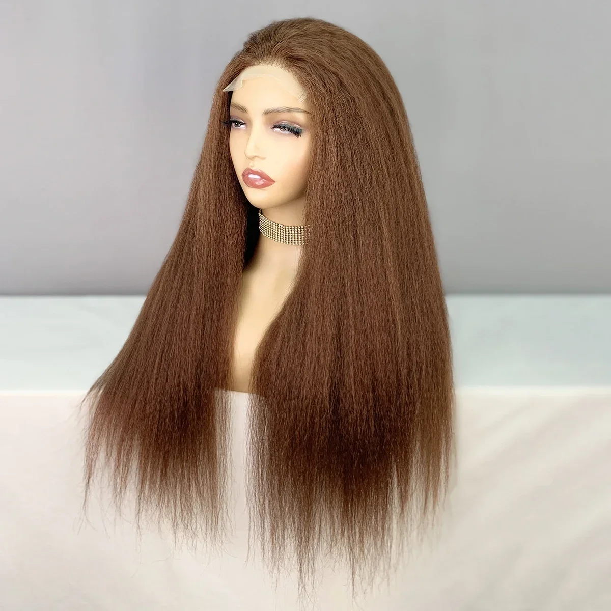 Soft Brown Yaki Kinky Straight 180Density 26Inch Long Lace Front Wig For Women With Baby Hair Preplucked Daily Glueless