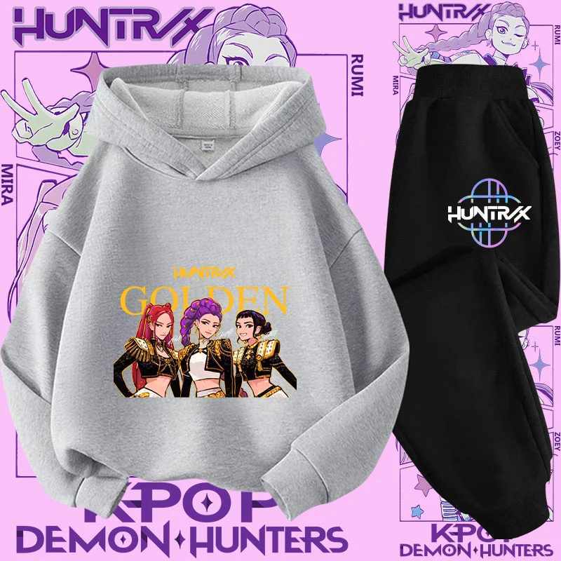 طقم ملابس رياضية للفتيات من K-pop Demon Hunter مكون من قطعتين - تصميم جديد - قميص كاجوال لطيف للأطفال - طقم بقلنسوة مع طباعة كرتونية