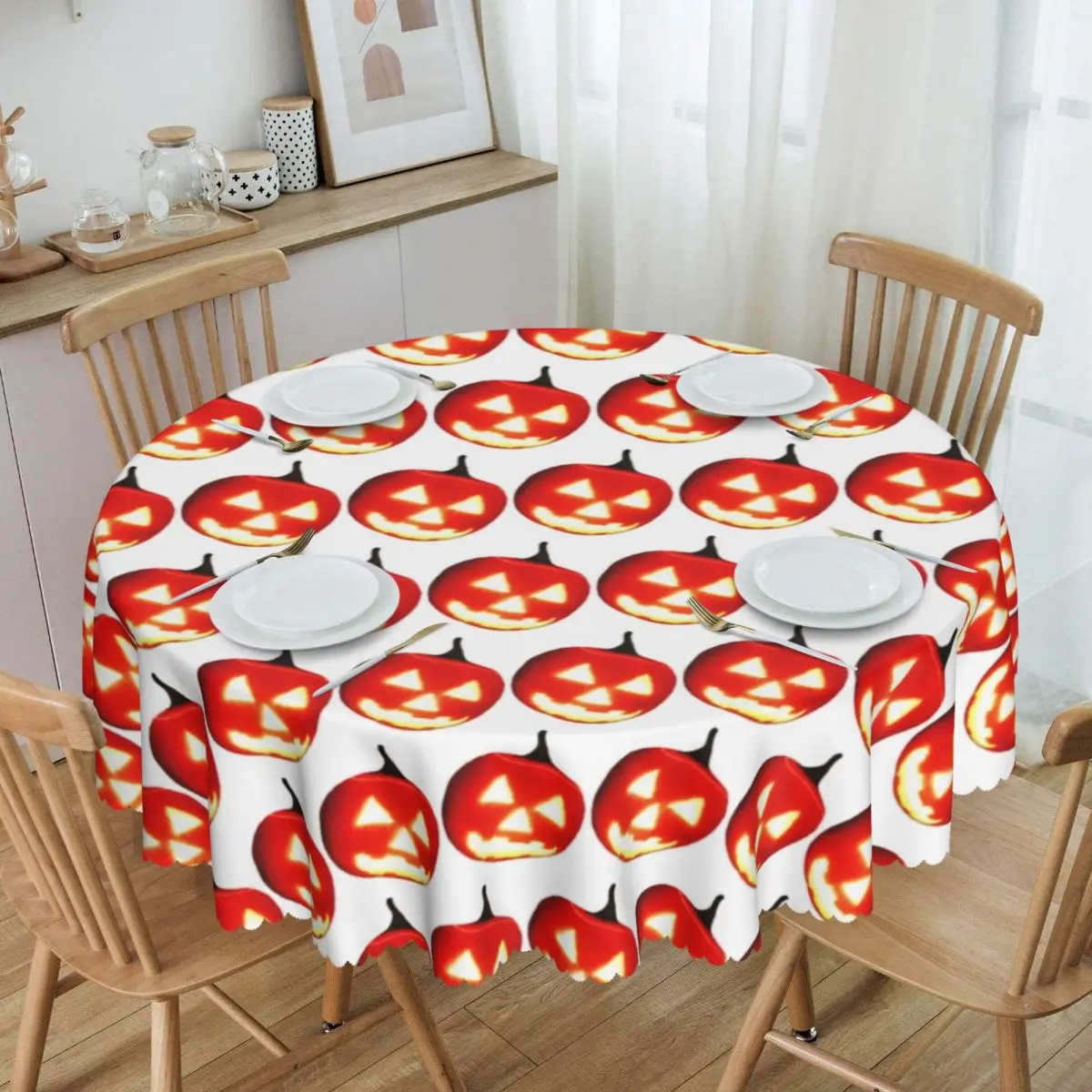 Customized Round Glowing Carved Halloween Pumpkins Tablecloth Waterproof Oil-Proof Table Covers 60 inches Table Cloth