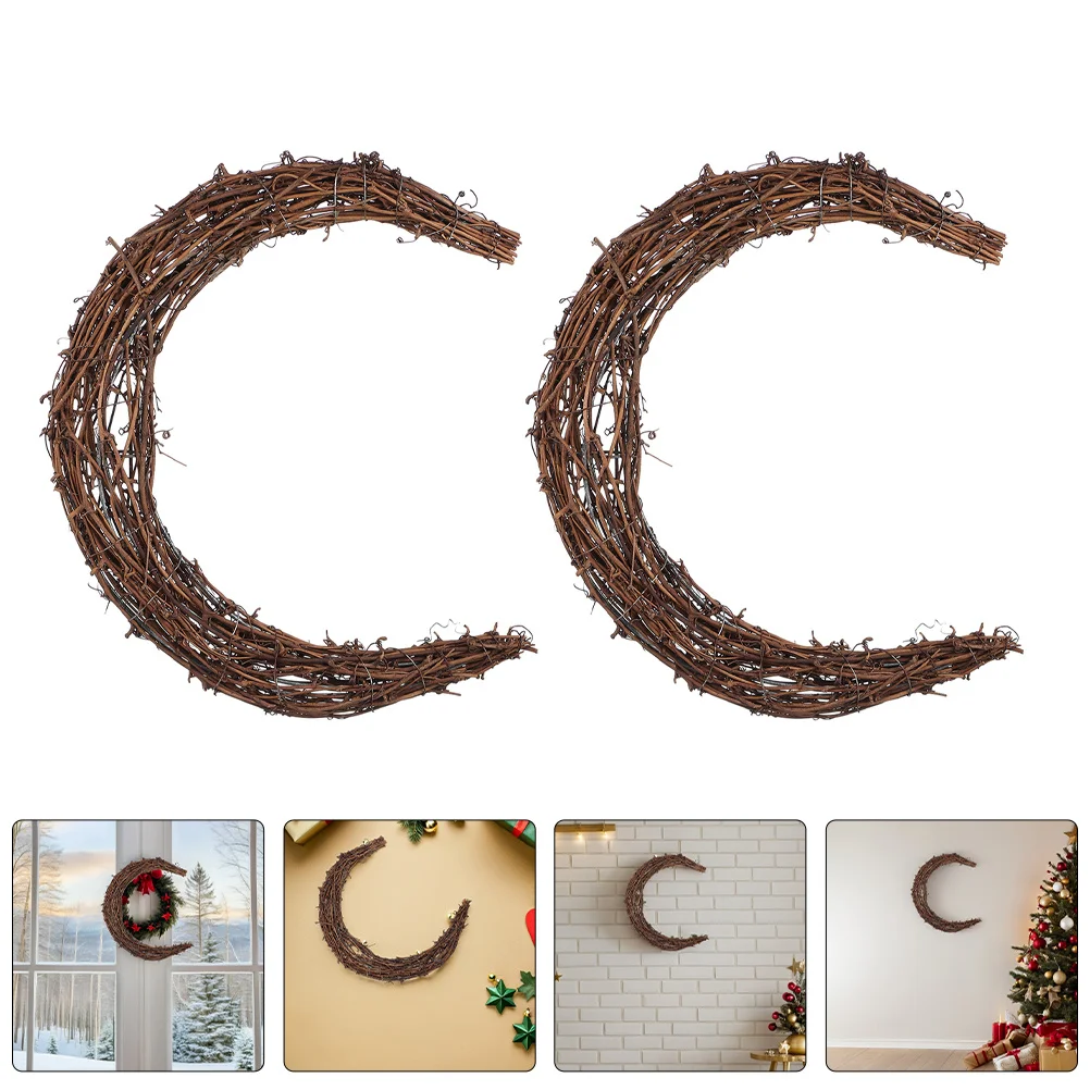 

2Pcs Moon Shape Rattan Wreath Natural Vine DIY Craft Frame for Christmas Seasonal Wall Decor Moon Wreath Handicrafts Rattan Ring