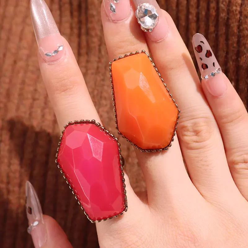 Exaggerated Abnormal Irregular Orange Rose red Resin Metal Chunky Ring for Women Girl Vintage Jewelry HUANZHI 2024 NEW INS