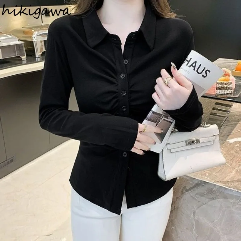 Long Sleeve Tunic Women Blouses Camisas De Mujer 2024 Temperament Ladies Tops Slim Waist Folds Single Breasted Shirts Blouse