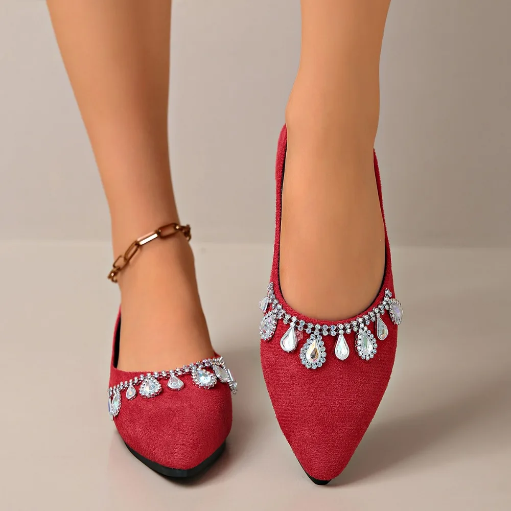 Elegante flache Schuhe für Hochzeitsfeiern, Wildleder, spitzer Zeh mit tropfenförmigem Strass-Quasten-Dekor, Slip-On-Ballerinas für Damen. – Detail 11