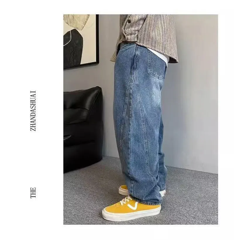 بنطلون جينز رجالي كبير الحجم كاجوال فضفاض مستقيم مدبب من قماش الدنيم ثقيل مغسول وواسع الساق مقاس كبير (50-150 كجم)
