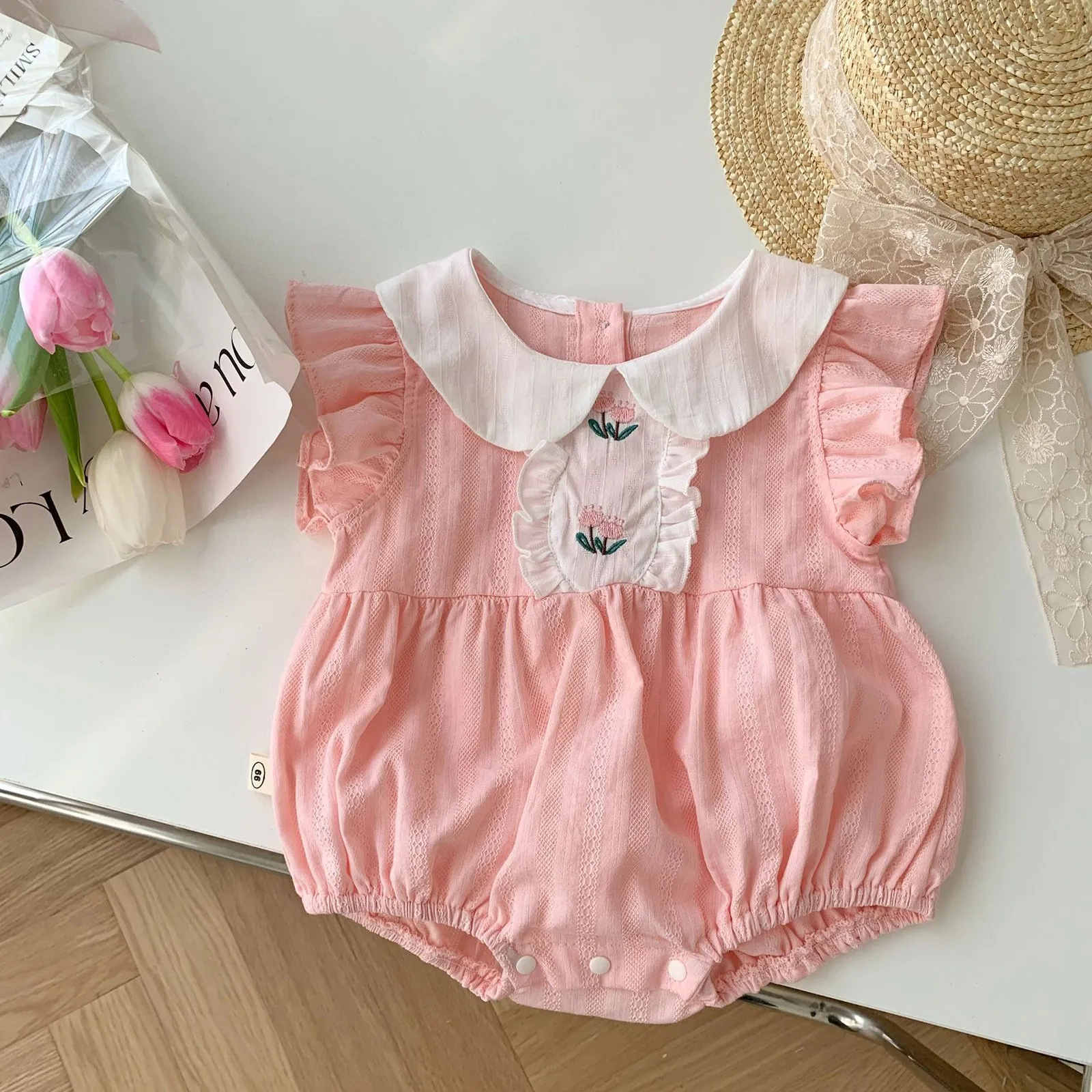 Newborn Baby Girls Jumpsuit Flying Sleeve Cotton Flower Embroidery Toddler Baby Girl Bodysuits Baby Girls Clothes For Summer