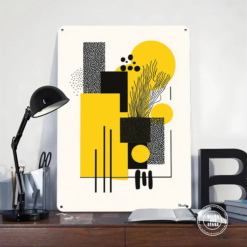 Bold Yellow & Black Geometric Abstract Metal Poster Customized Wall Art Retro Vintage Metal Signs for Man Cave Room Ornaments