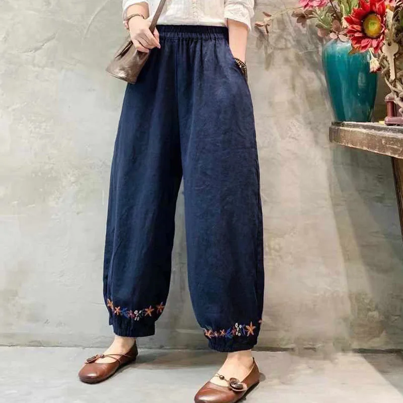 Casual Women\'s Clothing Loose Cotton Flax Trousers Ladies Vintage Elastic Waist Bloomers Spring Autumn Comfortable Solid Pants