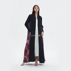 Autumn New Women's Long Coat Retro Side Print Black Long Sleeve Folded Neck Loose Abaya Windbreaker Robe