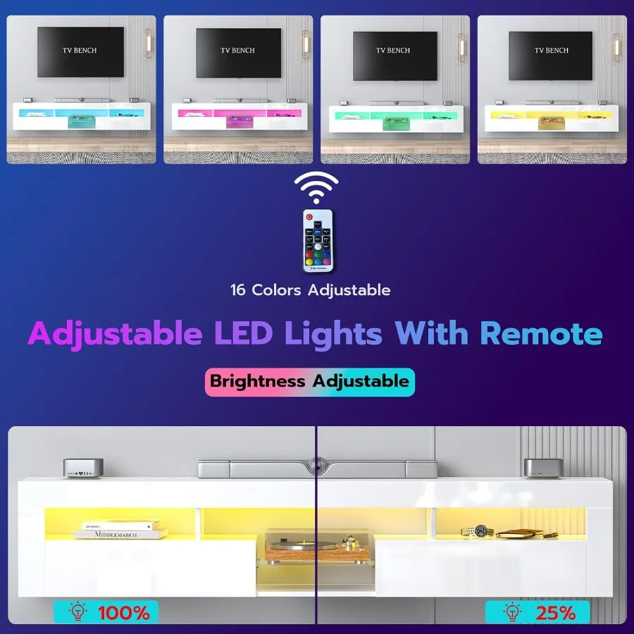 حامل تلفزيون LED عائم لتلفزيون 85 Ih مع أرفف زجاجية وخزانة 71 Ih وحدة تحكم وسائط مركز الترفيه الحديثة مع أرفف زجاجية #3