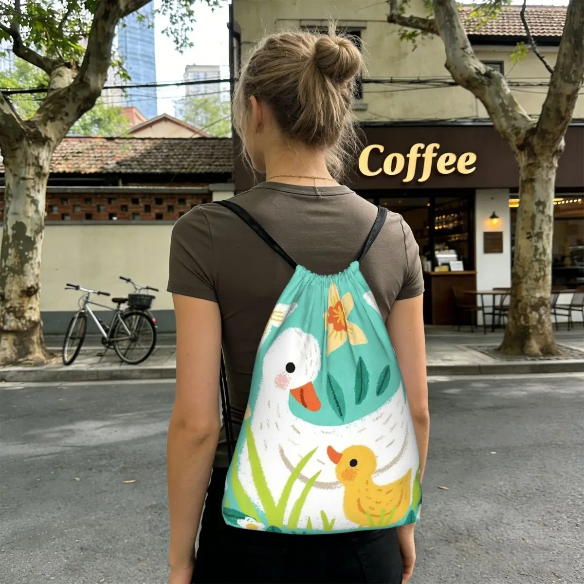 Duck Mom And Baby Duck Cartoon Backpacks Multi-function Drawstring Bags Shoes Bag Book Bags for Travel Students