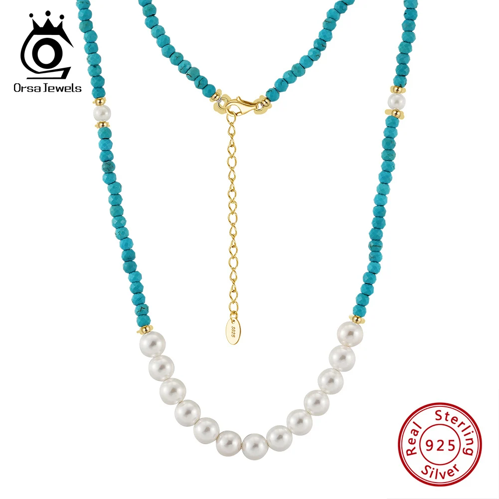 ORSA JEWELS 925 Silver Turquoise Beads Necklace with Shell Pearl Dainty Green Color Stone Neck Chain Women Collar Jewelry GMN54
