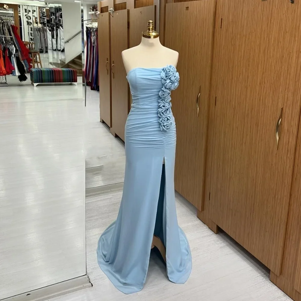 

Customized Casual Jersey Pleat Flower A-line Strapless Long Dresses Evening Dresses Classic Exquisite Modern Style Pastrol Unise