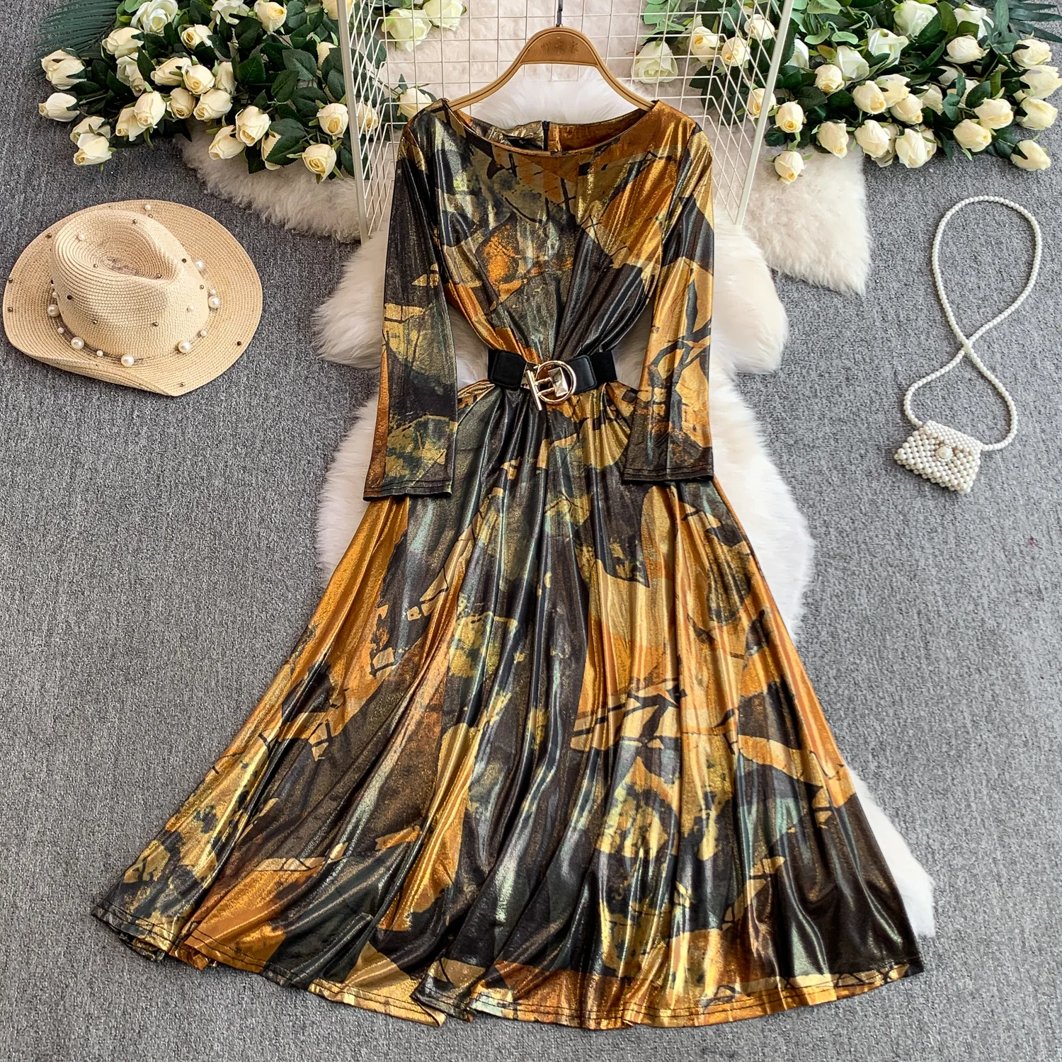 Abito slim con stampa in chiffon a maniche lunghe vintage chic Elegante fata moda coreana Boho Sundress abbigliamento donna