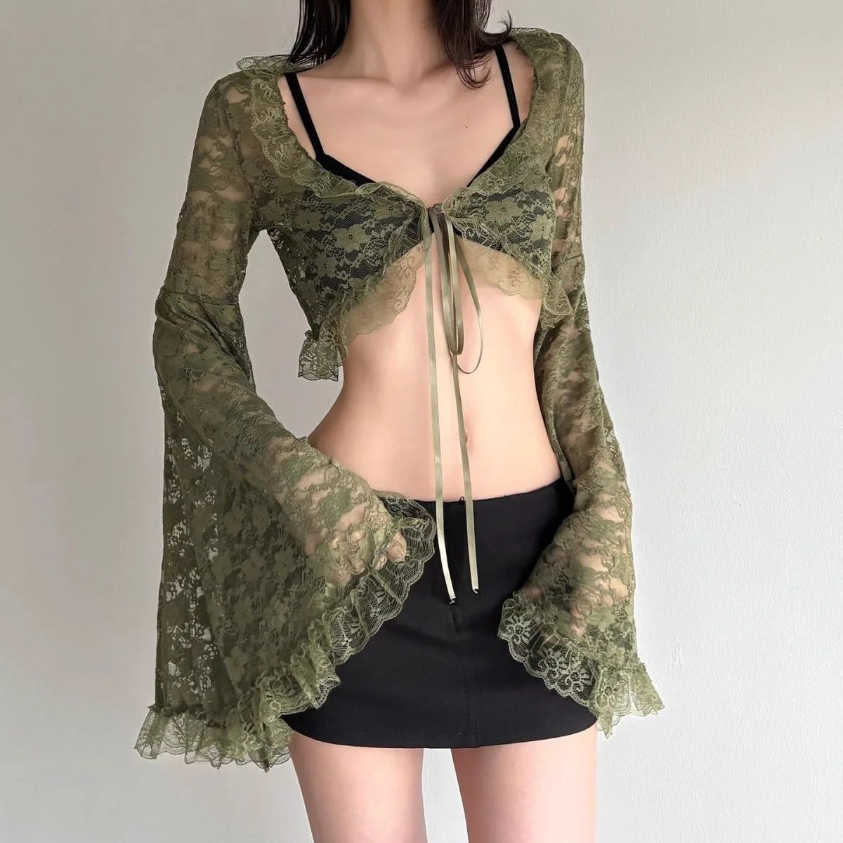 Y2k Sweet Vintage Green Cardigan Tops Summer Sexy Women's Blouses Harajuku Lace Sun Protection Shirts Blusas