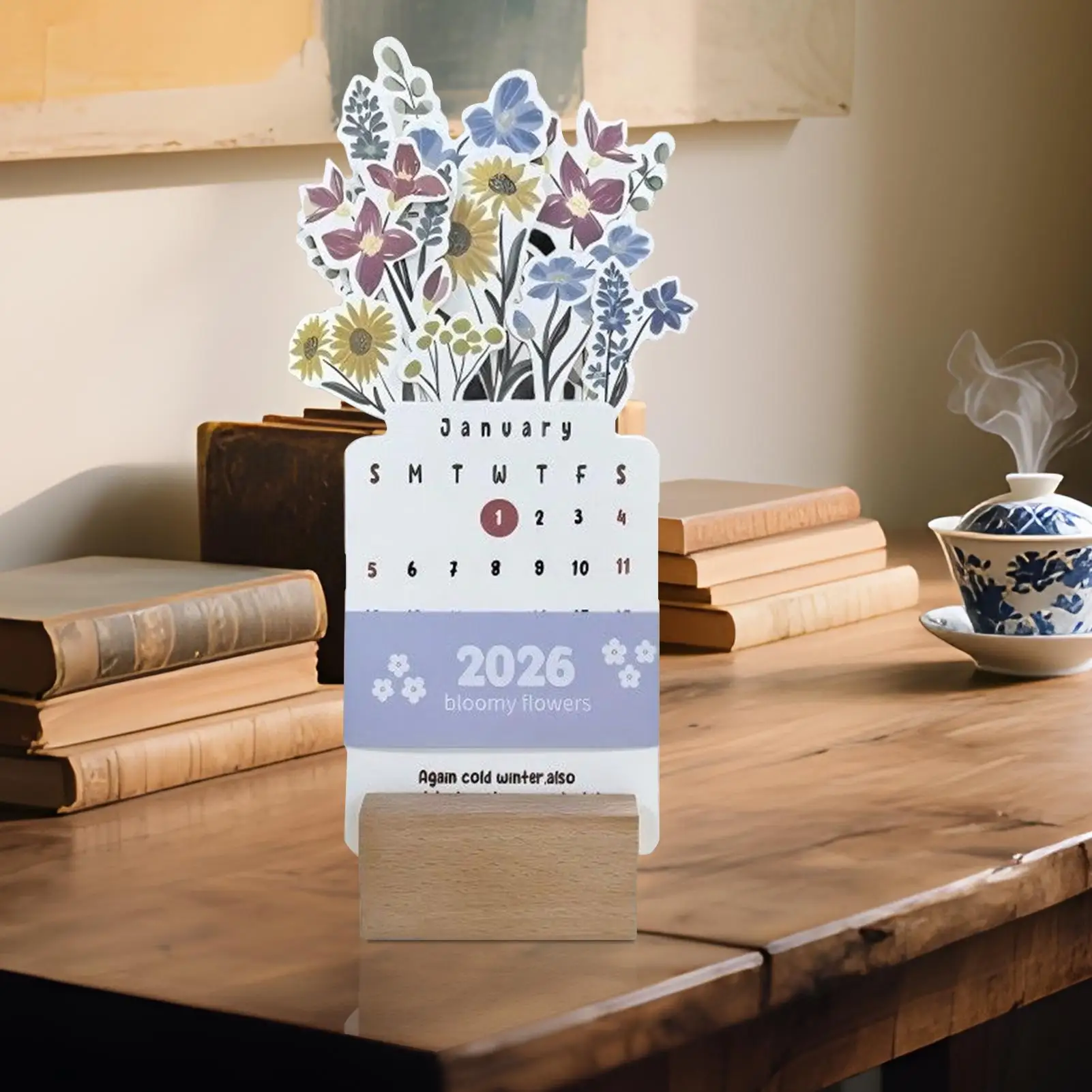 Bloomy Flower Desk Calendar Wooden Frame Calendar Creative Mini Calendar Decorative Ornaments Notebook Supplies 2026