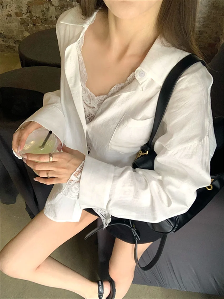 

PLAMTEE Fashion New Solid White Shirts With Lace Bottoming Tees Summer Women Gentle New 2024 Office Lady Daily Loose Mujer Slim