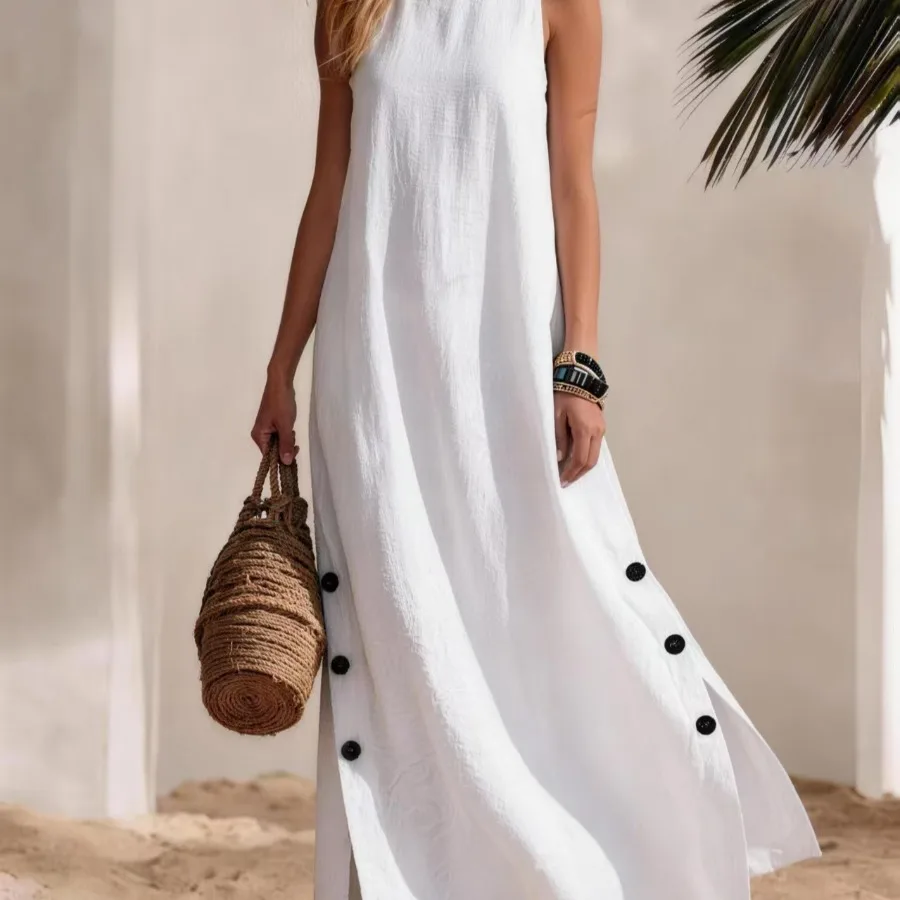 2026 Summer new high-necked sleeveless long dress, linen texture, holiday style, beach side split buttons, show slimming