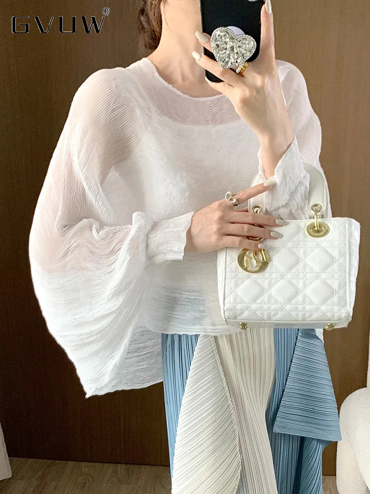 

GVUW Fashion Pleated Loose T Shirt Full Batwing Sleeve Round Collar New Solid Color Summer 2024 Versatile Female Clothes 17G5919