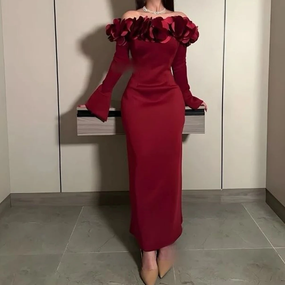 Customized Classic Ankle Length Pleats Flowers Evening Dresses Temperament Straight Off the Shoulder Long Sleeves Party Gowns