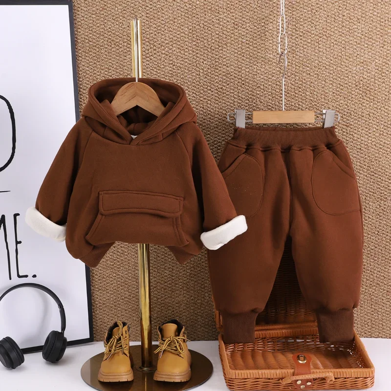 

Новая зимняя одежда для малышей, комплект одежды для девочек, детские толстые теплые толстовки с капюшоном для мальчиков, штаны, 2 шт./компл., костюм для младенцев, одежда для малышей