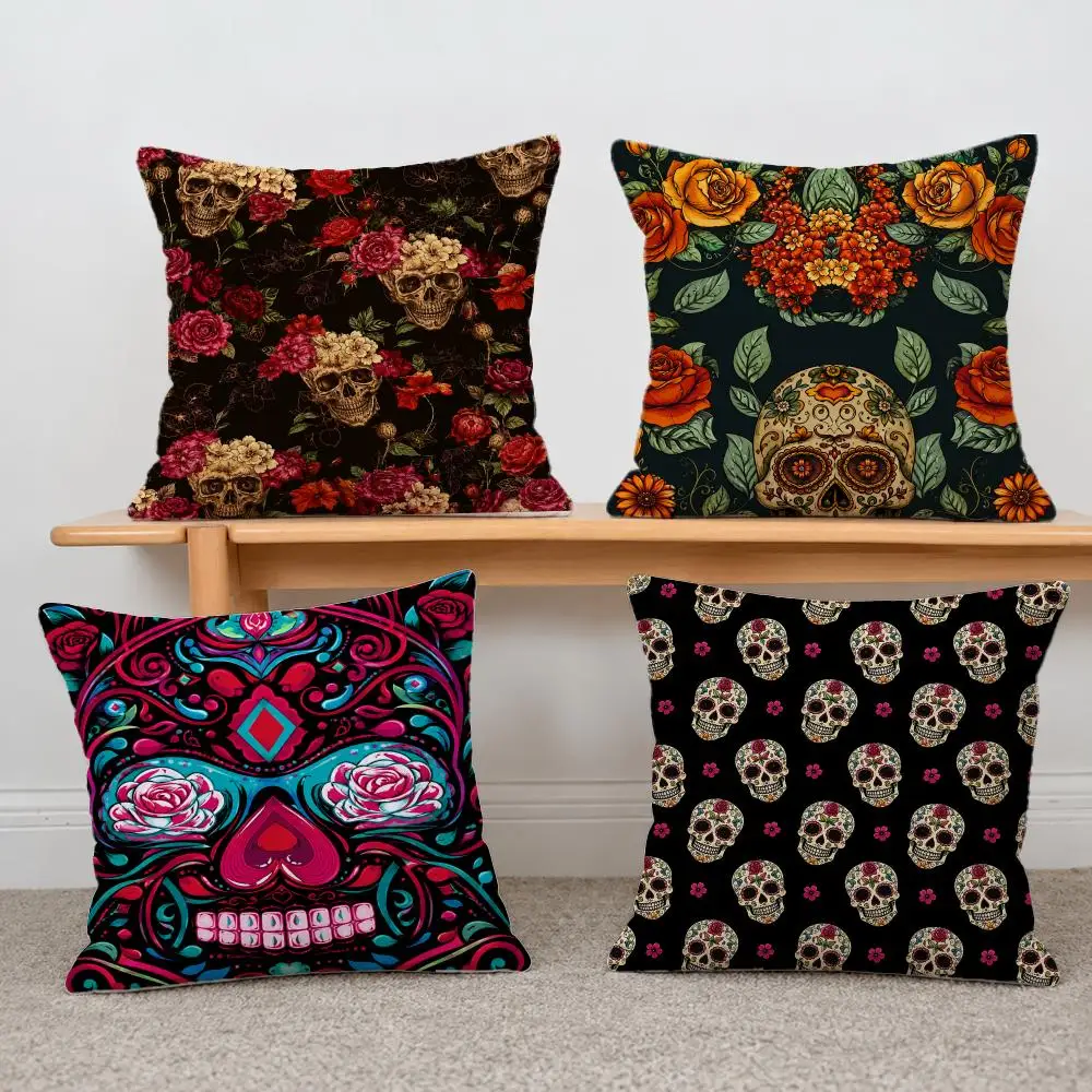 mysterious Undead Flower Skeleton Print Pattern Cushion Cover Short Plush Pillowcase, Sofa Bedroom Home Decor & Holiday Gift