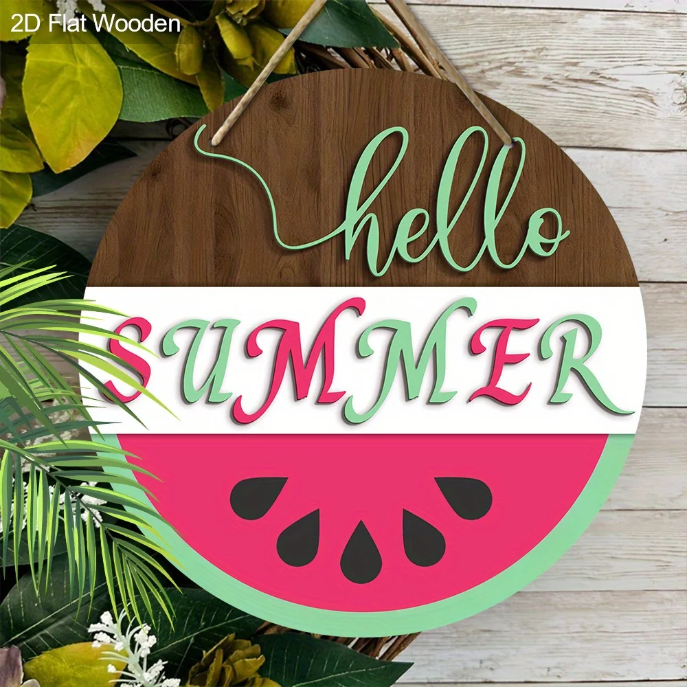 1pc Hello Summer Watermelon Wooden Porch Sign - Vibrant Red & Green Lettering, 2D Flat Hanging Decoration for Home, Garden, or R