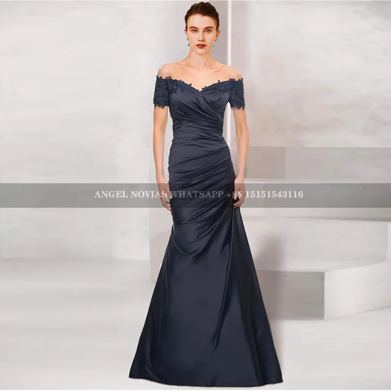 

Long Mermaid Navy Blue Satin Mother of the Bride Dresses off Shoulder Wedding Party Gowns vestidos de fiestas elegantes mujer