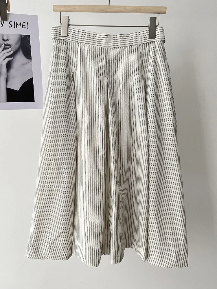 Jupe mi-longue trapèze rayée Vintage pour femmes, avec poche, taille haute, détail de boutons, jupe d'été pour le travail et l'usage quotidien