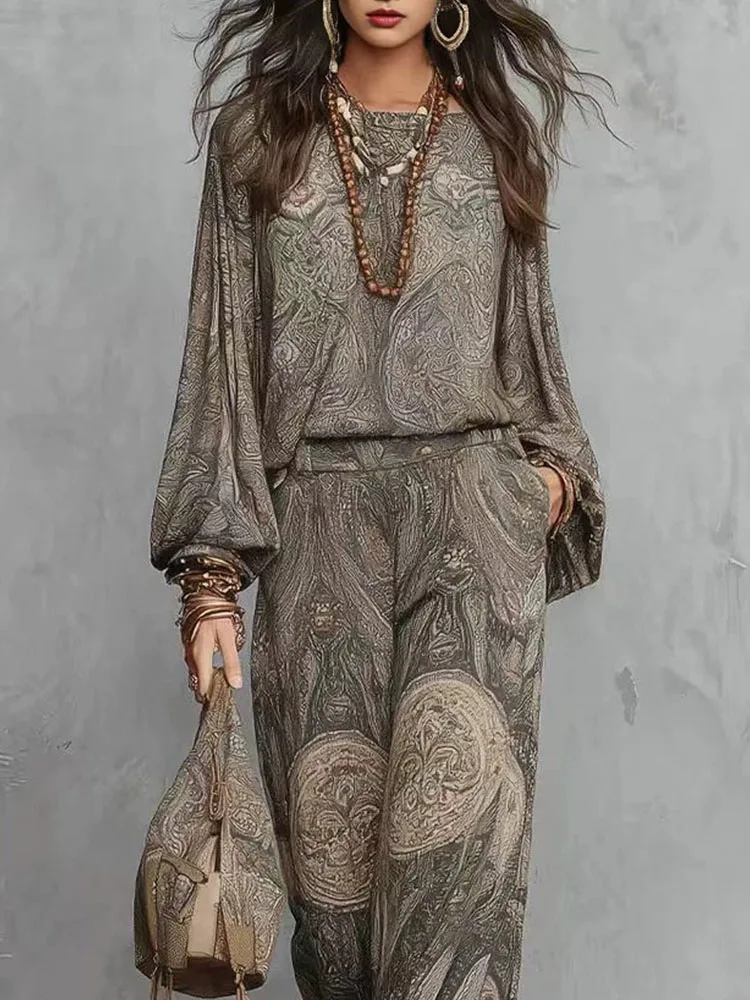 Boho Paisley Print 2 Pieces Set For Women O Neck Top Blouses Elegant Outfit 2026 Spring Casual Loose Wide Leg Trousers Suit