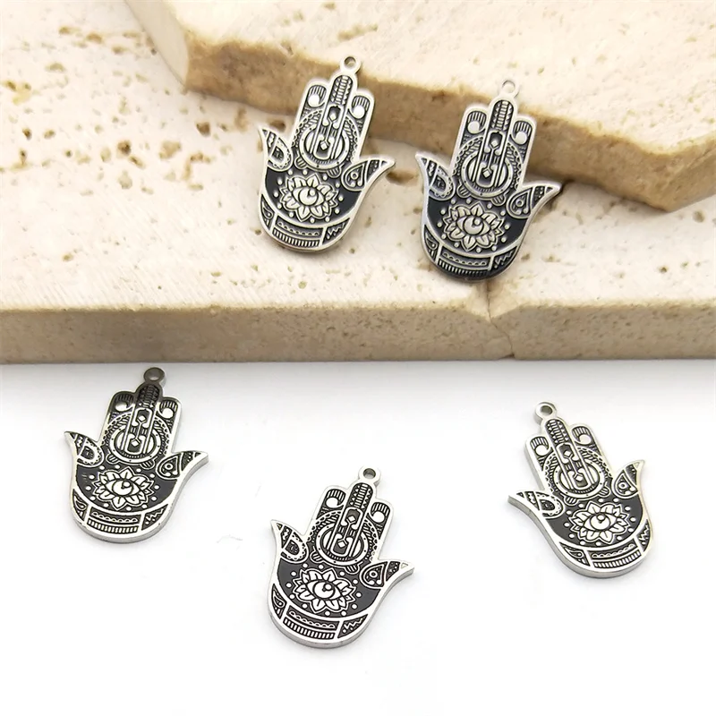 

5PCS Fatimas Hand Eye Lotus Charm Jewelry Making Stainless Steel Pendant DIY Necklace Bracelet Handmade Accessories