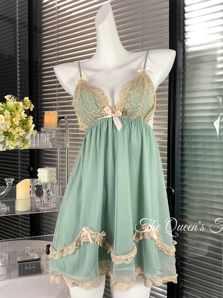 Mulheres camisola verde sexy renda mini lingerie roupa de noite arco banho robe vestido de noite conjunto com decote em v vestido de casa roupas