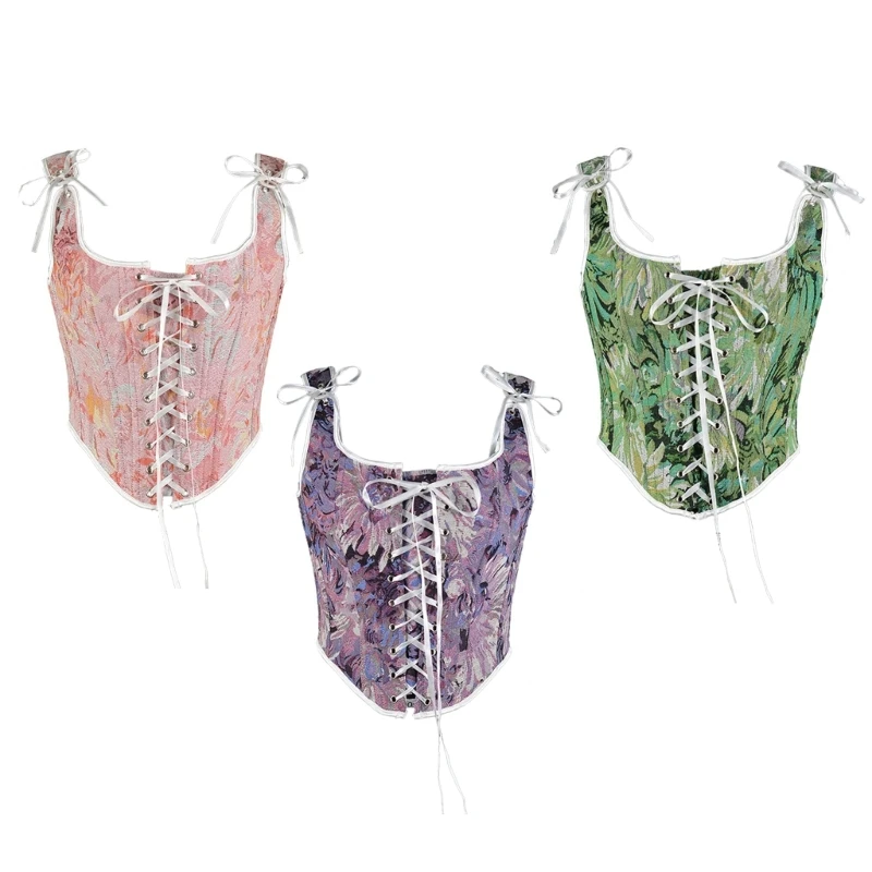 Vintage Corset Vest Tops for Women Sexy Costume Waist Vest Sexy Body Shaper Jacquard Corset Ribbon Vest