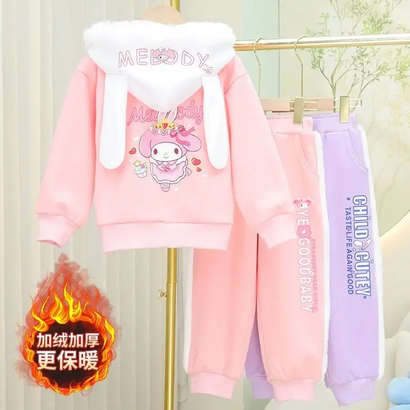 My Melody Anime Kawaii Sanrio Ins conjunto de Abrigo con capucha grueso y pantalones, lindo Cinnamoroll, ropa de dos piezas, regalos para niños, primavera y otoño