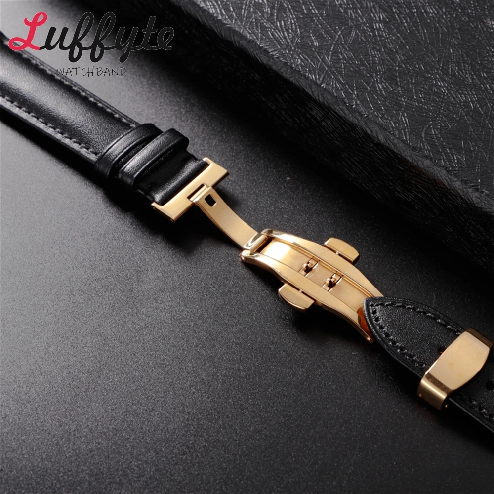 สายหนังนุ่มสายนาฬิกาผู้ชายผู้หญิงเปลี่ยนสายรัดข้อมือ 18 มม.20 มม.22 มม.สแตนเลสสตีลหัวเข็มขัดผีเสื้อ