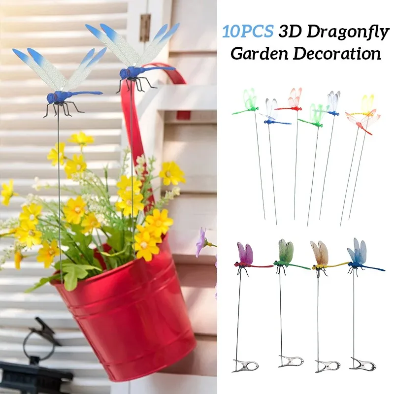 

10Pcs 3D Dragonfly Garden Stakes Colorful Artificial Butterfly Yard Ornaments Decorative Outdoor Clips for Flower Beds