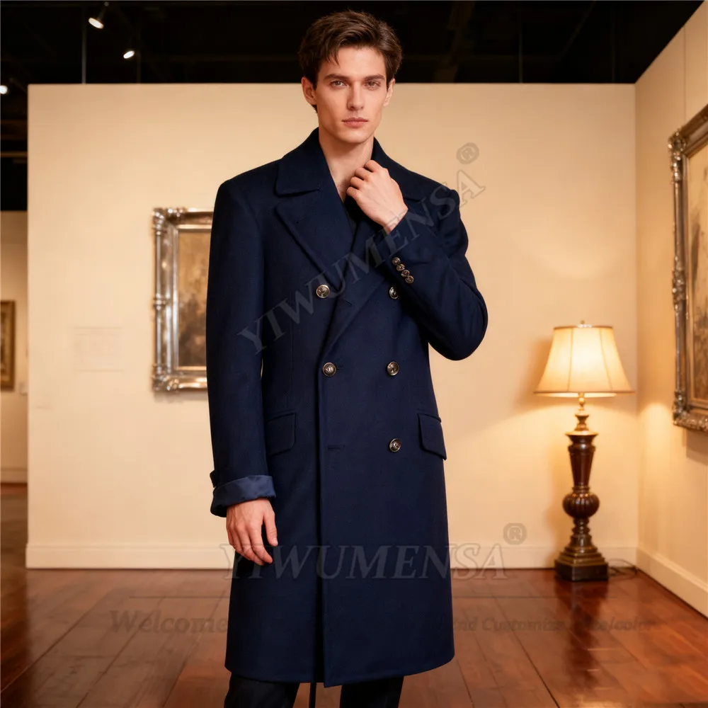 

Мужской твидовый шерстяной темно-синий пиджак, двубортное пальто, длинные мужские пиджаки по индивидуальному заказу для деловой вечеринки, наряды, пальто