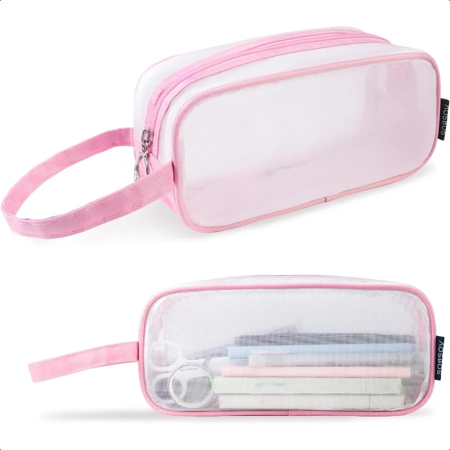 Aosbos Mesh-Federmäppchen, durchsichtiges Federmäppchen, Bleistiftbeutel, transparente Stifthaltertasche, Mehrzweck-Organizer-Box mit tragbarem Stra