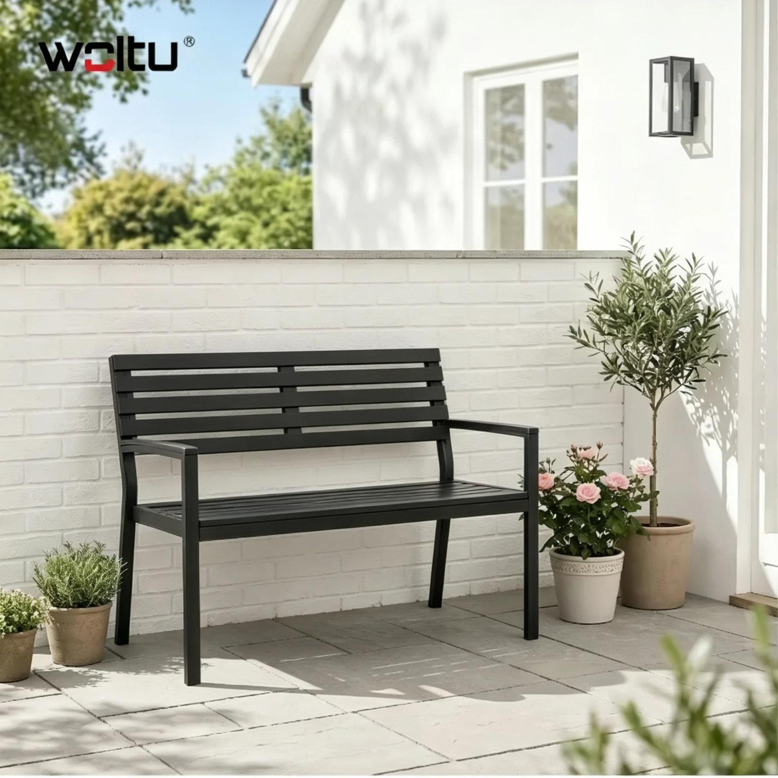 WOLTU Banco de jardín con estructura metálica de 115 cm para 2-3 personas, banco de exterior resistente a la intemperie, ergonómico para parque, patio, porche, carga de 280 kg