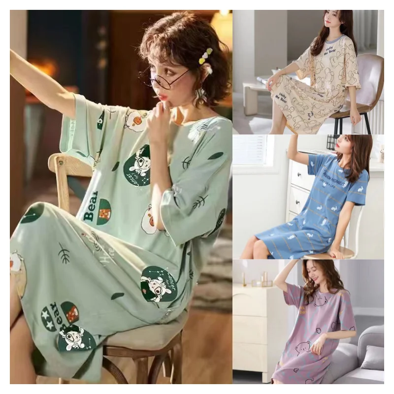 Women Summer One Piece Dress Short Sleeve O-neck Thin Long Skirt Printing Cartoon Loose Pajamas Leisure Nightdress Big Size